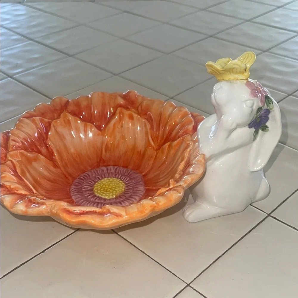 Pier 1 -Orange Floral Bowl with White Bunny